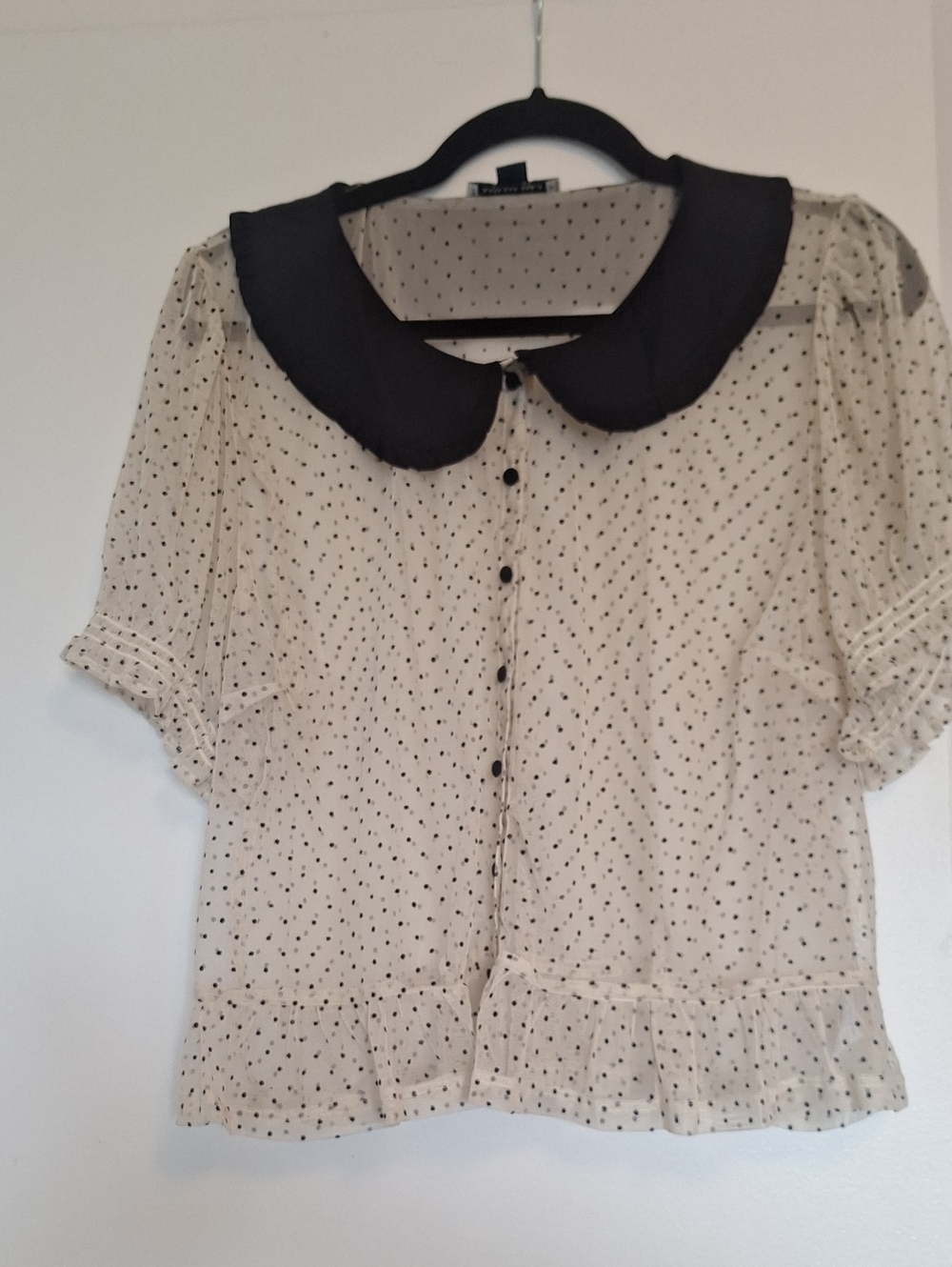 Cream Blouse with Black Polka Dots and Black Peter Pan Collar